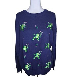 Vintage 70s Tree Frog Embroidered Sweater Womens Size XL Blue